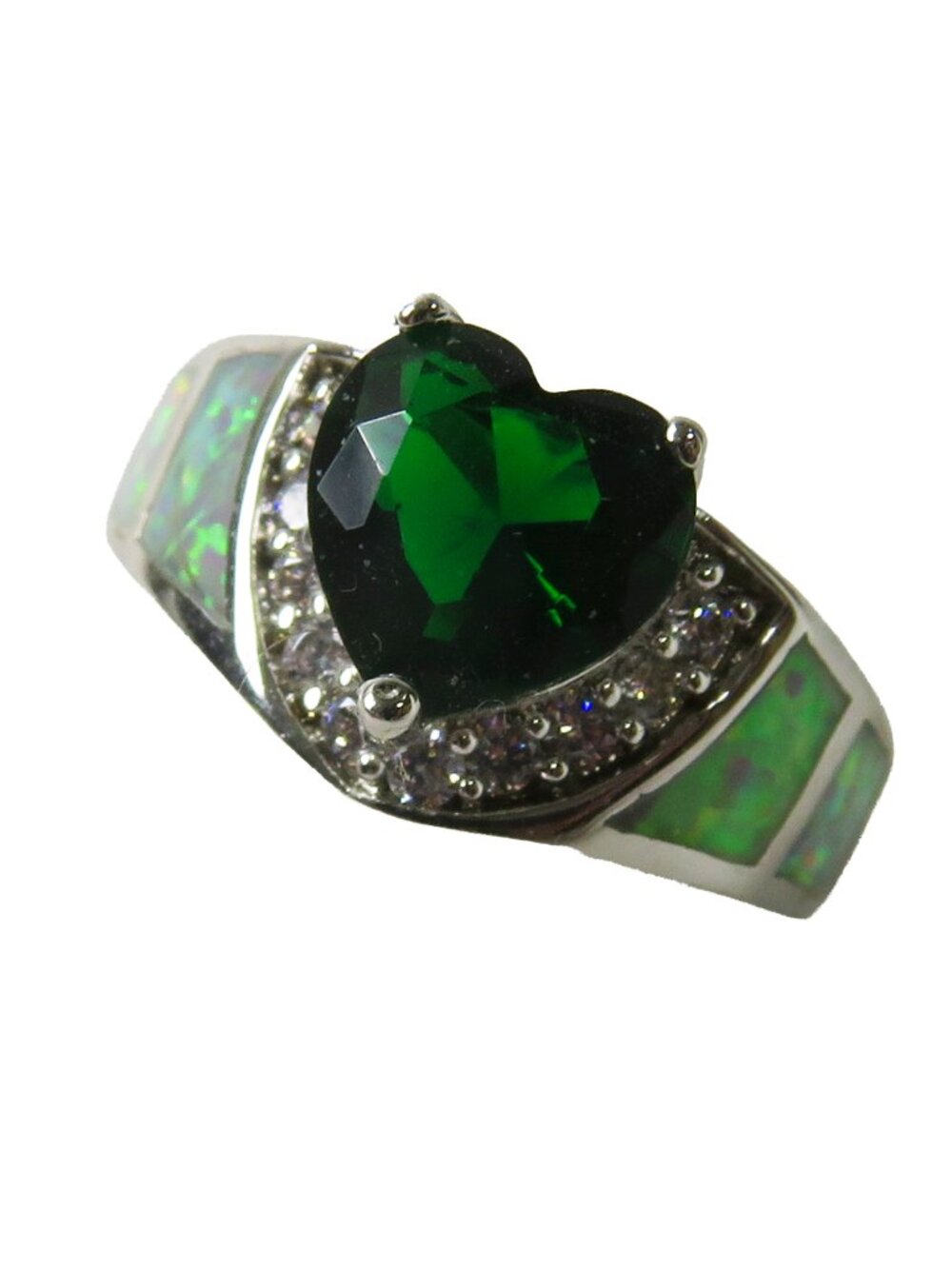 Size 6 Ring White Lab Fire Opal Inlay 7mm*7mm Emerald Green Heart Gemstone NOS